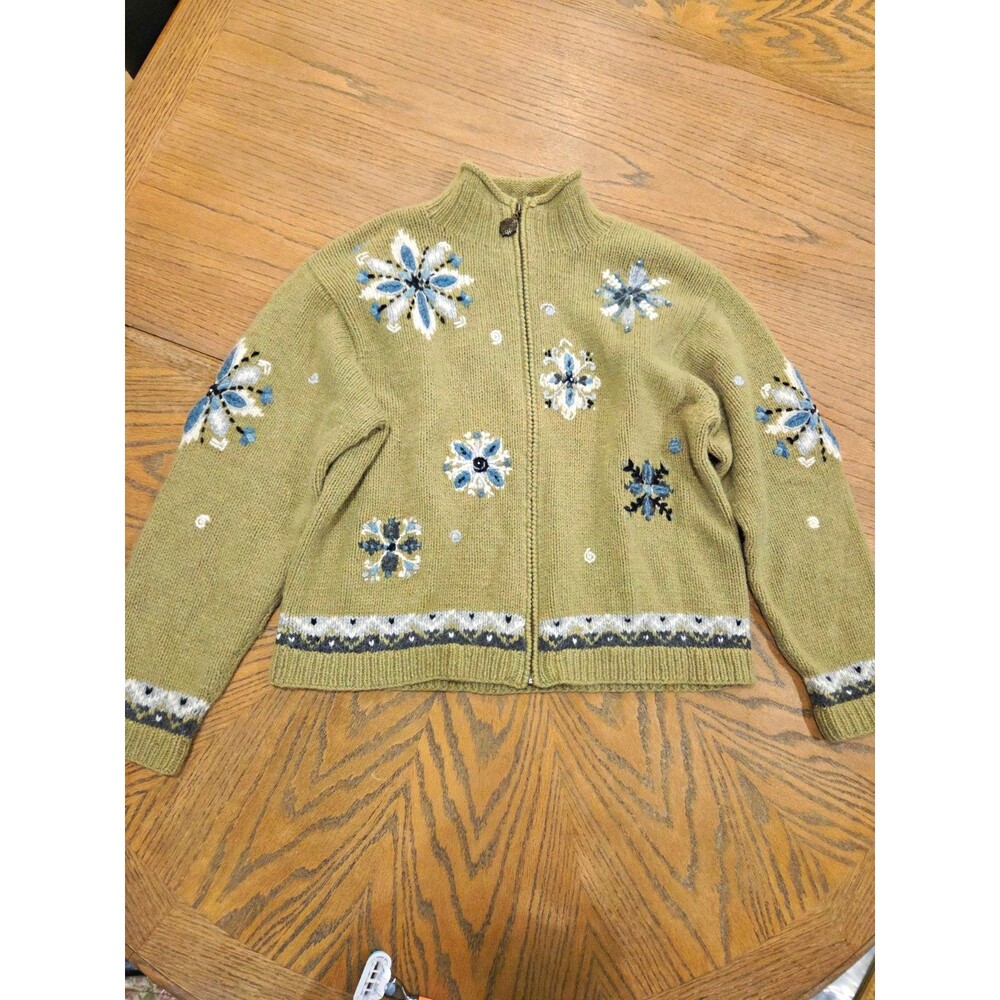 Icelandic Design Cardigan Womens L Green Angora Wool Floral Embroidered Zip Boho